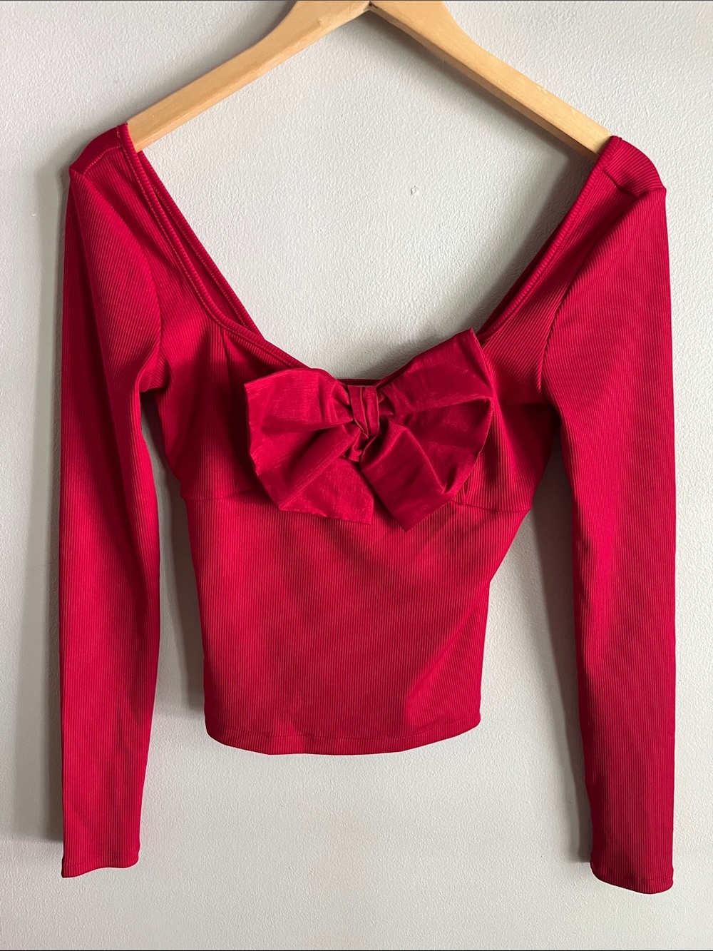 Evolutionary Ribbed Bow Front Long Sleeve Top Pink Size S Coquette Y2K